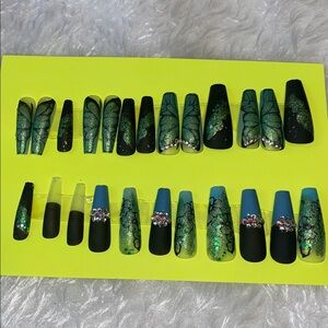 Green and Black Butterfly Press-On Nails with Rhinestones